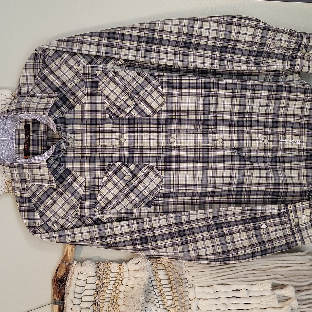 Ben Sherman Plaid Button-up Long Sleeve Shirt w/ Faux Pearl Snaps, XS